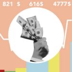 Home Illustration of man with money in circle above static graph of world economic growth